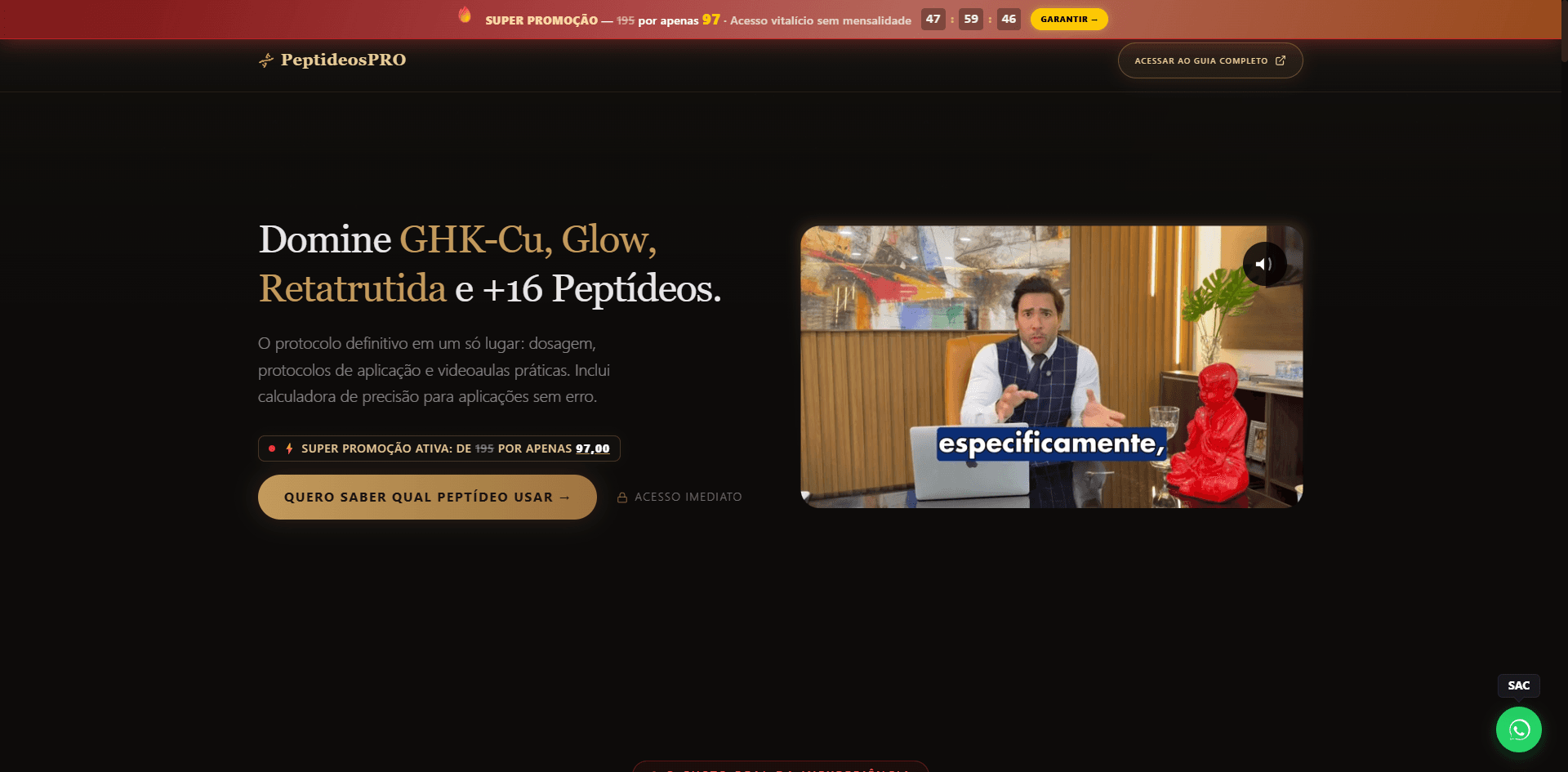 Site de Curso de Peptídeos — Funil de Vendas, construído pela Cruzco