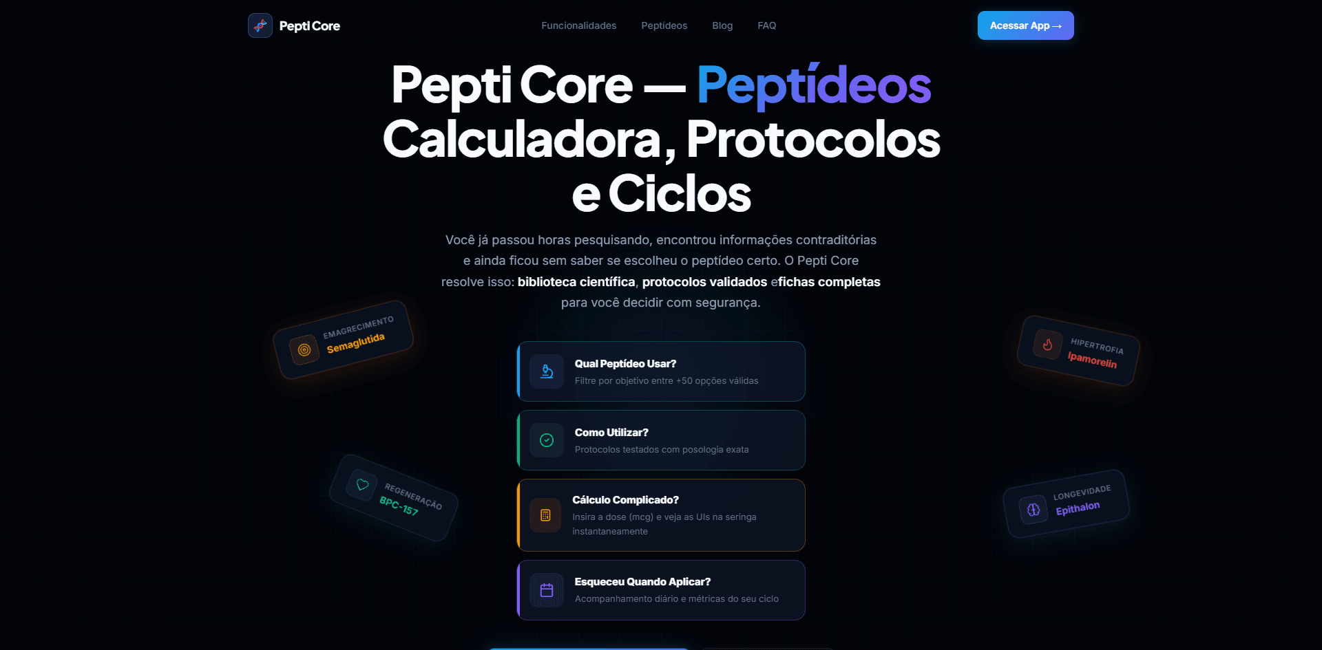 Site de Pepti Core — Ferramenta de Biohacking, construído pela Cruzco